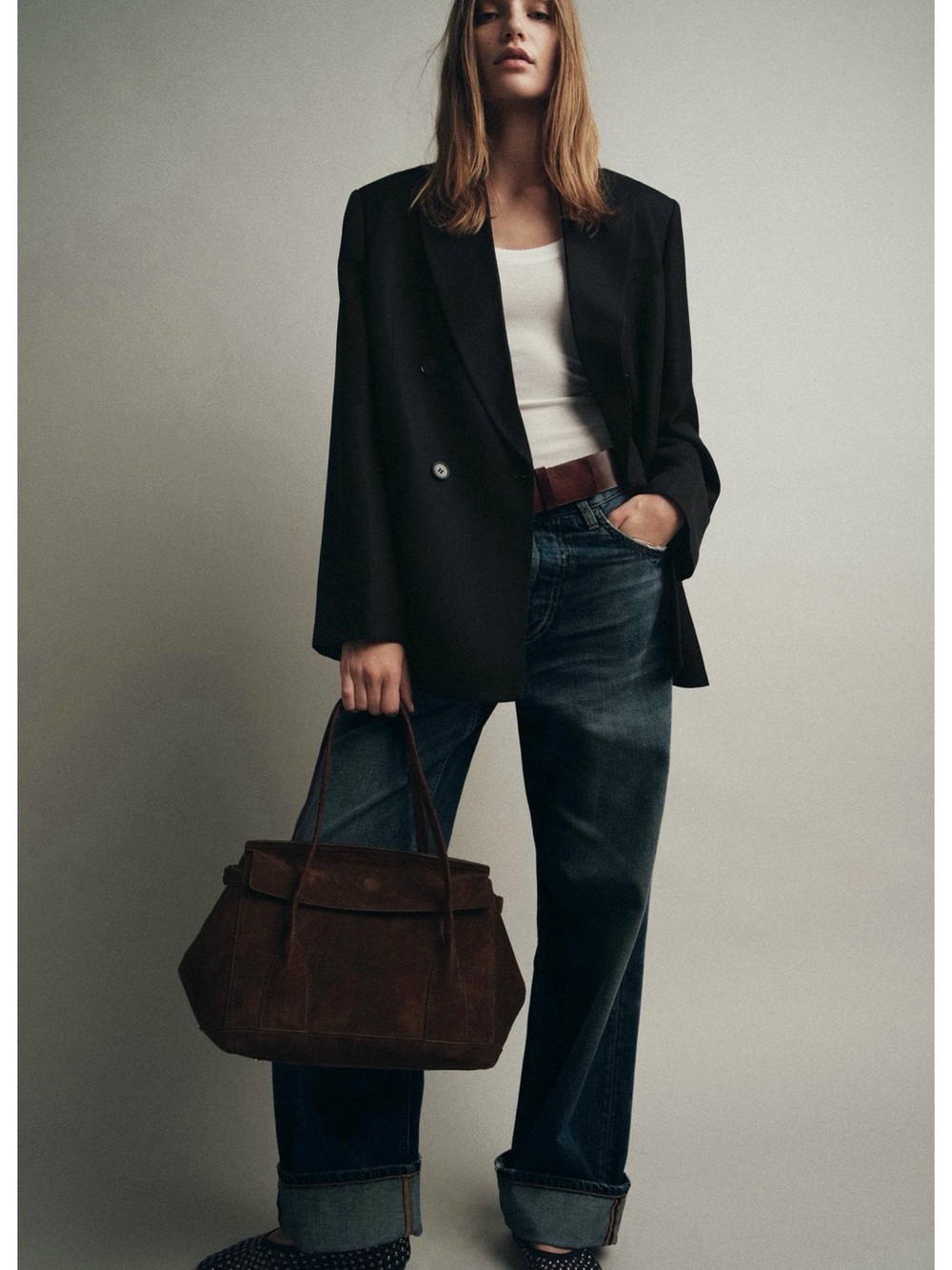 Zara Classic Dark Brown Suede Tote Bag - Women's Shoulder Bag - Picture 3 of 6